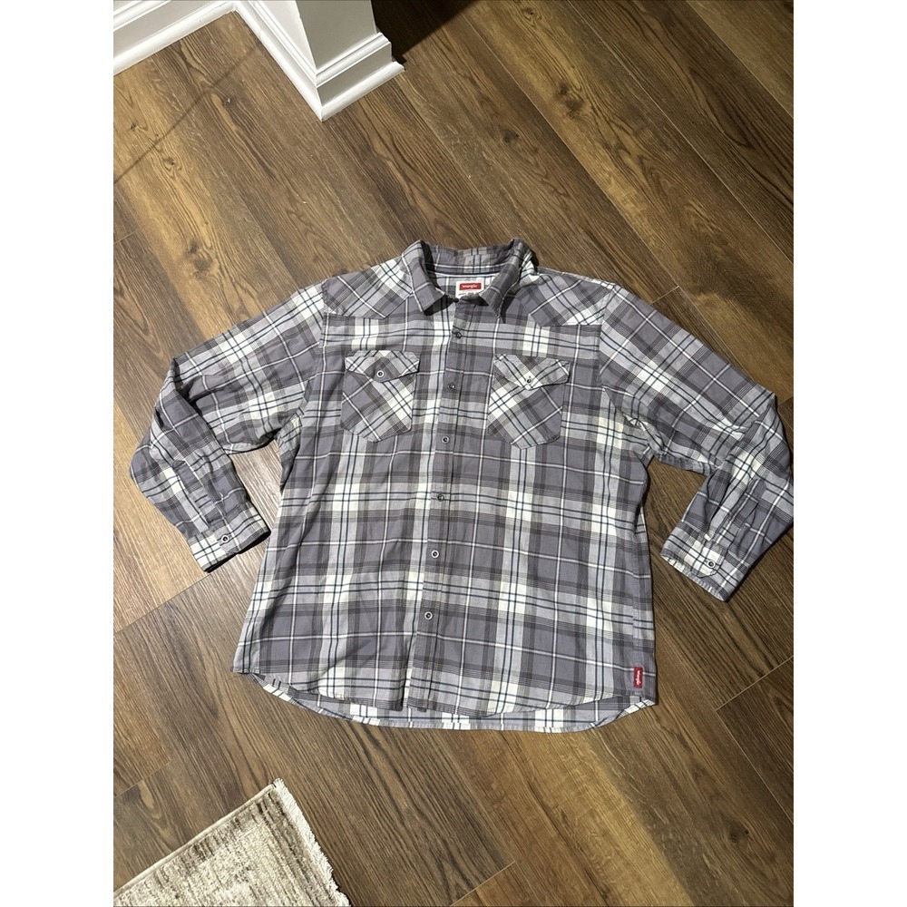 Wrangler Shirt Men's XXL Blue Gray Flannel Button Down Long Sleeve Pocket Soft